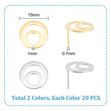 40Pcs 2 Colors 201 Stainless Steel Stud Earring Findings, with 304 Stainless Steel Pin and Ear Nuts, Flat Round, Golden & Stainless Steel Color, 15mm, Hole: 1mm, Pin: 0.7mm, 20pcs/color