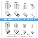 80Pcs 8 Style 304 Stainless Steel Cord Ends, End Caps, Column, Stainless Steel Color, 5~10x4~9mm, Hole: 0.5~1.5mm, Inner Diameter: 3~8mm, 10Pcs/style