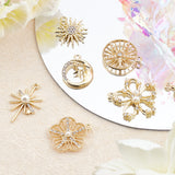 14Pcs 7 Styles Alloy Pendants, with Rhinestone and ABS Plastic Imitation Pearl Beads, Flat Round & Flower & Sun, Light Gold, 2pcs/style