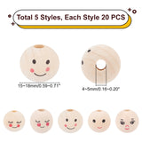 100Pcs 5 Styles Natural Wood Beads, Large Hole Beads, Round with Smile Face, PapayaWhip, 15~18mm, Hole: 4~5mm, 20pcs/style