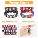 12Pcs 4 Colors Religion Pattern Tile Bracelets Set, Printed Wood Rectangle Beaded Stretch Bracelets for Women, Mixed Color, Inner Diameter: 1-7/8 inch(4.9cm), 3Pcs/color