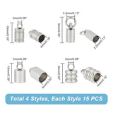 60Pcs 4 Style 201 & 304 Stainless Steel Cord Ends, Column, Stainless Steel Color, 9~10x4~6mm, Hole: 2~3.2mm, Inner Diameter: 3.2~5mm, 15Pcs/style