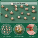 20Pcs 10 Style Brass Hollow Round Beads, Champagne Gold, 7~8x7~8mm, Hole: 0.9~1.5mm, 2pcs/style