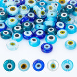 60pcs 5 colors Handmade Evil Eye Lampwork Beads, Flat Round/Disc, Mixed Color, 8x3.2mm, Hole: 1mm, 12pcs/color