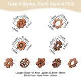 36Pcs 9 Style Walnut Wood Stud Earring Findings, with Hole and 304 Stainless Steel Pin, with 80Pcs Plastic Ear Nuts, Mixed Color, 17~17.5x17~18mm, Hole: 1.6~1.8mm, Pin: 0.7~0.8mm, 4Pcs/style