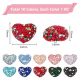 10Pcs 10 Color Heart Handmade Polymer Clay Rhinestone Beads, for Bubblegum Jewelry, Mixed Color, 24x19x13mm, Hole: 1.8mm, 1Pc/color