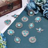 12Pcs 6 Style Tibetan Style Alloy Pendants, with Synthetic Turquoise, Teardrop & Heart & Flower & Glede, Antique Silver, 36.5x25x6mm, Hole: 1.8mm