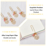 Iron Long Paper Clips, Leaf & Flower Alloy Pendant Paper Clip with ABS Plastic Imitation Pearl, Light Gold, 89mm, 4pcs/set