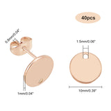 Vacuum Plating 304 Stainless Steel Stud Earring Findings, with Loop and Flat Plate, Flat Round, Rose Gold, 10x1mm, Hole: 1.5mm, Pin: 0.8mm, 40pcs/box