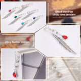 Glass Teardrop Birthstone Pendant Bookmarks, Alloy Feather Bookmark, Mixed Color, 115mm, 6 colors, 1pc/color, 6pcs/set