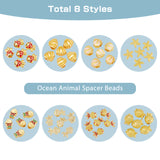 48Pcs 8 Style Alloy European Beads, Large Hole Beads, with Enamel, Shell & Starfish & Goldfis, Matte Gold Color, 9.5~16x7.5~14x3.5~8mm, Hole: 1.4~5mm, 6pcs/style
