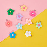 Resin Pendants, with Platinum Plated Screw Eye Pin Peg Bails, Flower, Mixed Color, 22~24x19~19.5x7~8mm, Hole: 1.8~2mm, 10 Colors, 4pcs/color, 40pcs/box