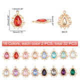 32Pcs 16 Colors Alloy Pendants, with Rhinestone, Cadmium Free & Lead Free, Light Gold, Teardrop, Mixed Color, 25x19x5mm, Hole: 1.6mm, 2pcs/color