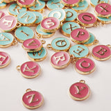 Golden Plated Alloy Enamel Charms, Enamelled Sequins, Flat Round with Alphabet, Letter A~Z, Turquoise & Flamingo, Golden, 14x12x2mm, Hole: 1.5mm, 26pcs/set, 2colors, 1set/color, 2sets/box, 52pcs/box