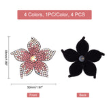 4Pcs 4 Color Imitation Leather Cloth Iron on/Sew on Patches, with Rhinestone, for Bag, Shoe, Clothes Accessories, Flower, Mixed Color, 48x50x5mm, 1pc/color