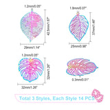 42Pcs 3 Style Ion Plating(IP) 201 Stainless Steel Filigree Pendants, Etched Metal Embellishments, Tropical Leaf Charms, Leaf, Rainbow Color, 14pcs/style
