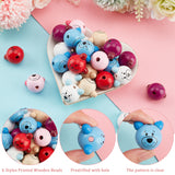 72Pcs 6 Styles Printed Natural Wooden Beads, Bear Head, Dyed, Mixed Color, 26~27x26~28x23.5~25.5mm, 12pcs/color