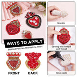 4Pcs 4 Style Heart Cloth Patches, Glass Beaded Appliques, Stick On Patch, with Rhinestone, Costume Accessories, Red, 61~103x48~77x6~11mm, 1pc/style
