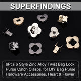 6Pcs 6 Style Zinc Alloy Twist Bag Lock Purse Catch Clasps, for DIY Bag Purse Hardware Accessories, Heart & Flower, Mixed Color, 2.8~3.3x3~3.3cm, 1pc/style