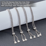 12Pcs 304 Stainless Steel Rolo Chain Slider Bracelet Making, Adjustable Bolo Bracelets, with Jump Rings, Heart, Stainless Steel Color, 9-7/8 inch(25cm), 0.2cm