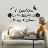 PVC Wall Stickers, for Home Living Room Bedroom Decoration, Black, Word I Love You Always & Forever, Rose Pattern, 880x320mm
