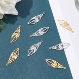 201 Stainless Steel Pendants, Filigree Joiners Findings, Laser Cut, Feather, Golden & Stainless Steel Color, 33.5x10.5x1mm, Hole: 1.4mm, 2 colors, 4pcs/color, 8pcs/box
