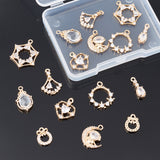 16Pcs 8 Style Rack Plating Brass Micro Pave Clear Cubic Zirconia Pendants, Long-Lasting Plated, Cadmium Free & Lead Free, Ring & Bowknot & Sector & Teardrop & Moon & Heart & Star & Oval, Light Gold, 2pcs/style
