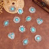 12Pcs 6Style Tibetan Style Alloy Pendants, with Synthetic Turquoise, Cadmium Free & Lead Free, Teardrop & Flower & Heart & Hexagon Flower , Antique Silver, 34.5x32.5x7mm, Hole: 1.6mm