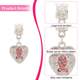 30Pcs Alloy Rose Rhinestone European Dangle Charms, Large Hole Pendant, Heart with Breast Cancer Sign Ribbon Pattern, Platinum, 28mm, Pendant: 16x14x2mm, Hole: 5mm