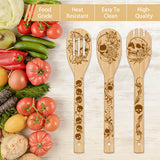 6Pcs Bamboo Spoons & Knifes & Forks, Flatware for Dessert, Skull, 60x300mm, 6 style, 1pc/style, 6pcs/set