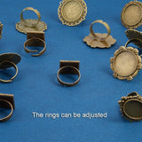 Adjustable Iron Finger Ring Components, with Alloy Cabochon Bezel Settings, Mixed Shape, Antique Bronze, Flat Round Tray: 20mm, 17x5mm, Flat Round Tray: 20mm, 17x5mm, Oval Tray: 18x13mm, 17x5mm, Flat Round Tray: 20mm, 17mm, Square Tray: 15.5x15.5mm, 17mm