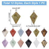 12Pcs 12 Styles Natural Gemstone Pendants, Kite Charms, with Stainless Steel Color Tone Stainless Steel Loops, 28x18x6~7mm, Hole: 2mm, 1pc/style