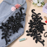 3D Flower Polyester Embroidery Ornament Accessories, with Glass, Applique Patch, Sewing Craft Decoration, Black, 410x192x2.5mm
