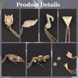 4Pcs 4 Style Safaty Chain Hanging Sweater Brooch Pin, Wings & Triangle & Musical Note & Dragon Brass Cardigan Collar Clips for Men Women, Light Gold, 140~225mm, 1pc/style