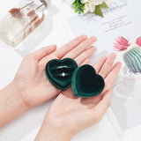 Heart Velvet Covered Cardboard Couple Rings Storage Box, Double Ring Case for Wedding, Engagement Gift Favor, Dark Green, 5.4x5.6x4.1cm