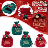 4Pcs 4 Styles Christmas Velvet Candy Apple Bags, with Iron Pendants, Bowknot Drawstring Pouches, for Gift Wrapping, Mixed Color, Christmas Tree Pattern, 13~15x14~16cm, 1pc/style