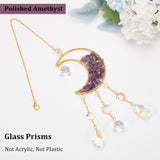 Crystal Chandelier Glass Teardrop Pendant Decorations, Hanging Sun Catchers, with Natural Amethyst Chips Beads and Brass Moon Charm, for Home Decoration, Golden, 395mm