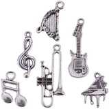 Sets of Musical Instruments Tibetan Style Alloy Pendants, Guitar, Harp, Trumpet, Piano, Musical Note, Treble Clef Pendants, Antique Silver, 17~35x10~16x1~2.5mm, Hole: 1~3mm, about 6pcs/set, 5sets/box