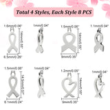 32Pcs 4 Styles 201 Stainless Steel Charms, Awareness Ribbon Charms, Stainless Steel Color, 14~14.5x6.1~9x1~1.1mm, Hole: 1.2~1.6mm, 8pcs/style