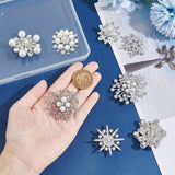 8Pcs 8 Style Crystal Rhinestone Snowflake Brooch Pins with Imitation Pearl Beaded, Alloy Badges for Women, Platinum, 33.5~47.5x32.5~48.5x3~14mm, Pin: 0.6~0.8mm, 1Pc/style