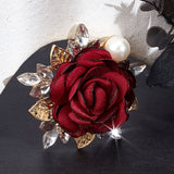 Cloth Rose with Crystal Rhinestone Brooch Pin, Light Gold Alloy Fashion Badge with Imitation Pearl for Clothes Shawl, Dark Red, 53x51.5x17.5mm