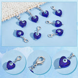 Handmade Evil Eye Lampwork Pendant Decoration, Alloy Lobster Clasps Charm, Clip-on Charm, for Keychain, Purse, Backpack Ornament, Heart with Evil Eye, Blue, 38mm, 12pcs/set