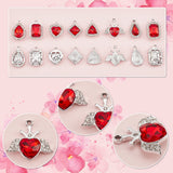 40Pcs 8 Style Platinum Plated Alloy Glass Pendants Sets, Crystal Rhinestone Charms, Rhombus & Octagon & Teardrop & Heart & Rectangle Charms, Red, 18.5~23.5x14~22.5x5~6mm, Hole: 1.8~2.2mm, 5Pcs/style