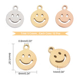 30Pcs 3 Colors 304 Stainless Steel Charms, Manual Polishing, Hollow, Flat Round with Smile, Mixed Color, 8x6x1mm, Hole: 0.8mm, 10pcs/color