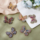 6Pcs 6 Colors Rhinestone Butterfly Badge, Alloy Lapel Pin for Women, Light Gold, Mixed Color, 35~39x44.5~61.5x4.5~10mm, 1pc/color