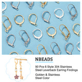 90Pcs 6 Style 304 Stainless Steel Leverback Earring Findings, with Horizontal Loops, Golden & Stainless Steel Color, 14~19x11~12x2~6mm, Hole: 1.2~1.5mm, Pin: 0.6~0.8mm, 15Pcs/style