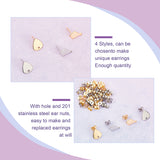 64Pcs 4 Sryle 201 Stainless Steel Stud Earring Findings, with Ear Nuts and 304 Stainless Steel Pins, Teardrop & Rhombus, Golden & Stainless Steel Color, 12~13x8.5~10mm, Hole: 1~1.5mm, Pin: 0.7mm, 16pcs/style
