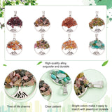 8Pcs 8 Styles Natural & Synthetic Mixed Stone Chip Pendants, with Platinum Tone Alloy Findings, Flat Round with Life of Tree Charm, 29x25x4~6mm, Hole: 4x7mm, 1pc/style, 8pcs/set, 4 sets/box