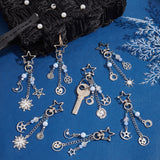 Alloy Pendant Keychain, with Alloy Swivel Clasps with Acrylic & Glass Beads, Moon & Sun & Star, Antique Silver & Platinum, 9.9~10.6cm, 16 style, 1pc/style, 16pcs/set