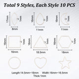 90Pcs 9 Style 201 Stainless Steel Linking Rings, Horse Eye/Teardrop/Moon/Square/Triangle/Hexagon/Ring/Heart/Star, Stainless Steel Color, 14.5~17x8~18.5x1mm, Inner Diameter: 9.5~16x5~14.5mm, 10pcs/style